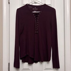 American Eagle Soft & Sexy Lace Up Long Sleeve Maroon Top Size S